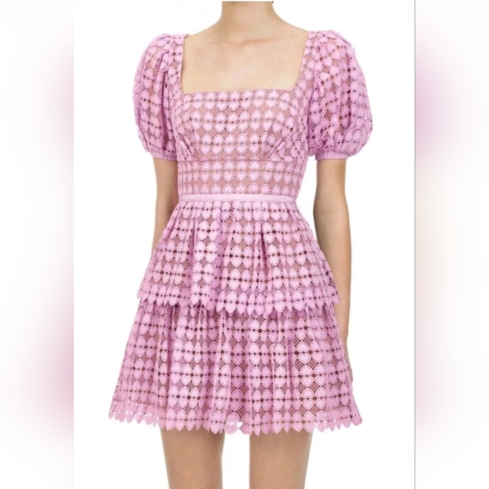 SELF PORTRAIT Puff Sleeve Heart Lace Mini Dress Liliac Size 2 NWT